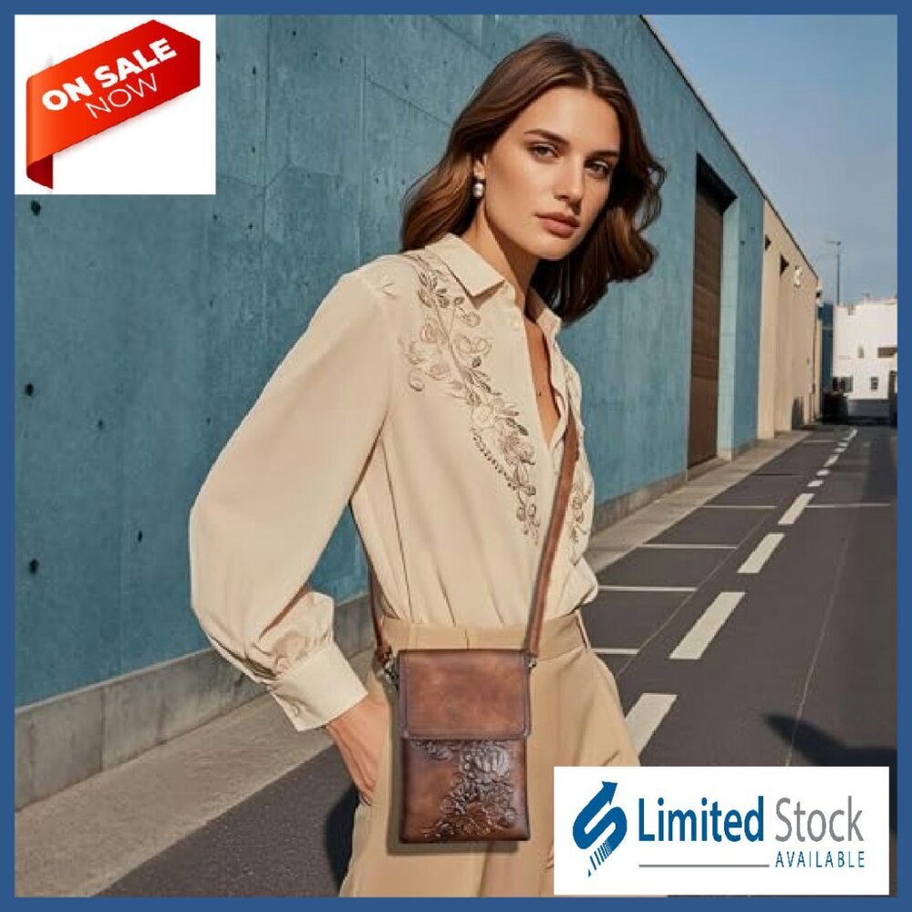 Small Vegan Leather Crossbody Phone Bag with Embossed Flower Design - Picture 3 of 8